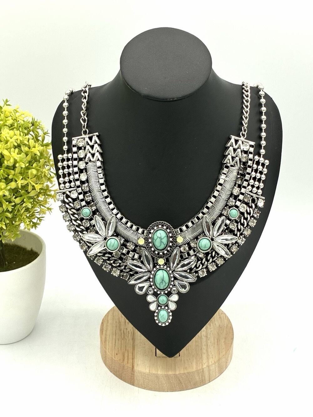 Claire’s Y2K Faux Turquoise Bib Necklace & Earrings Set Chunky Statement Jewelry